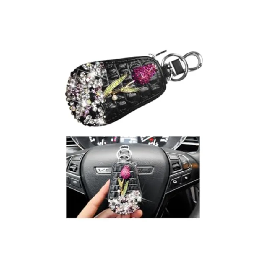 

Bling Car Key Case, Genuine Leather Crystal Rhinestone Vehicle Key Fob Protector, Automotive Smart Keychain Holder for Remote K