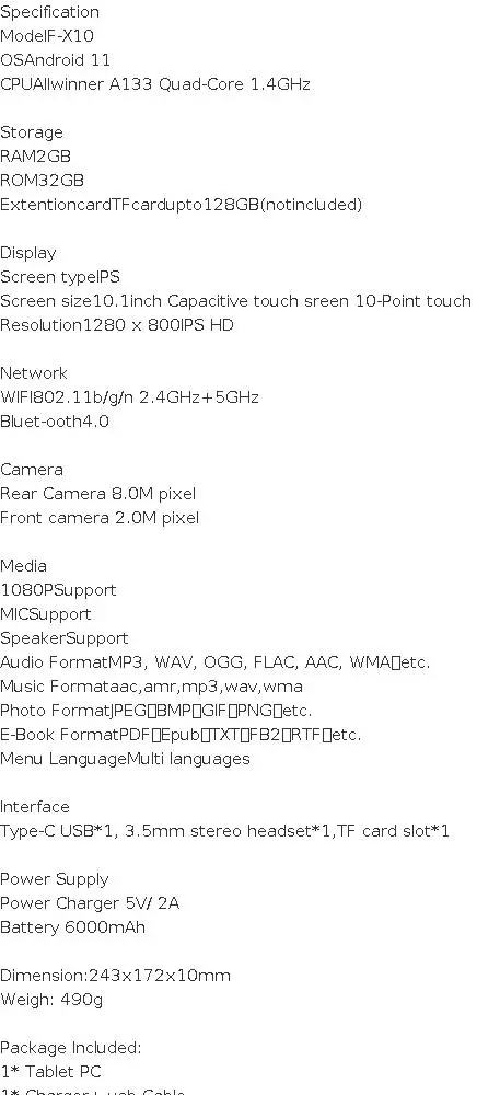 Type-C 10.1 Inch Android 11 Tablet Allwinner A133 Quad-Core Dual Camears 2GB RAM 32GB ROM WIFI 6000mAh 1280*800 Pixels
