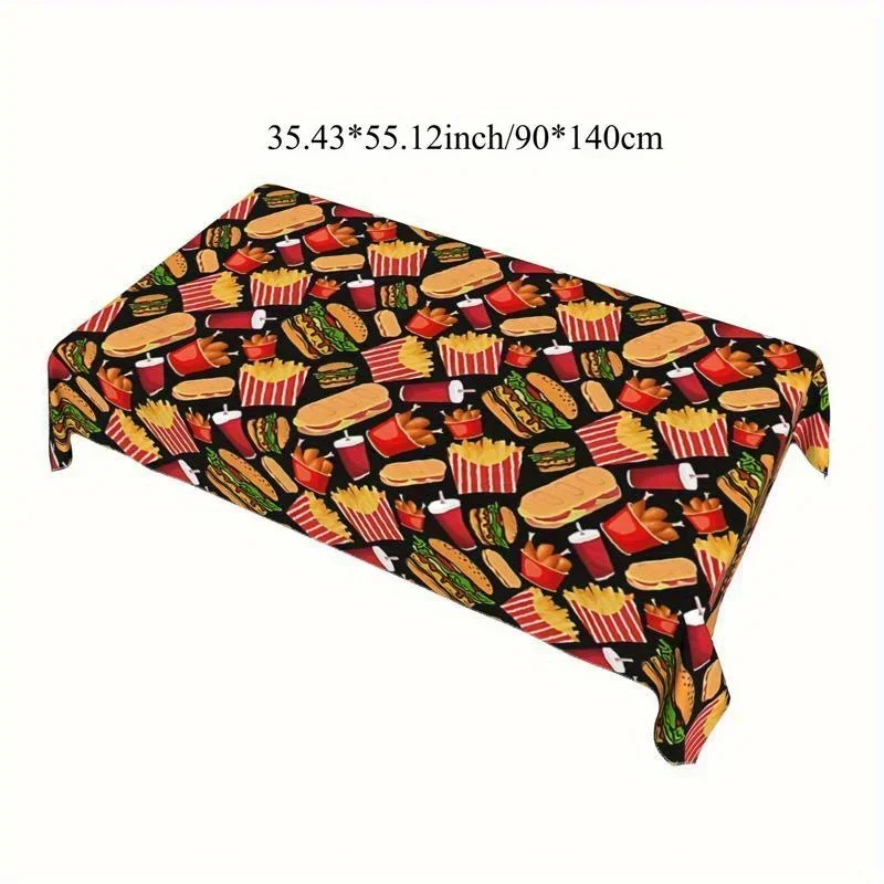 One colorful food-themed tablecloth featuring patterns of hamburgers, hot dogs and french fries - , yzb