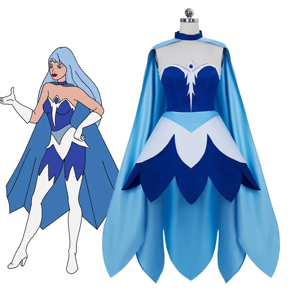 She-Ra Frosta Cosplay Costume Women Sexy Blue Tube Mini Dress with Cape Halloween Carnival Party Superhero Roleplay Outfits