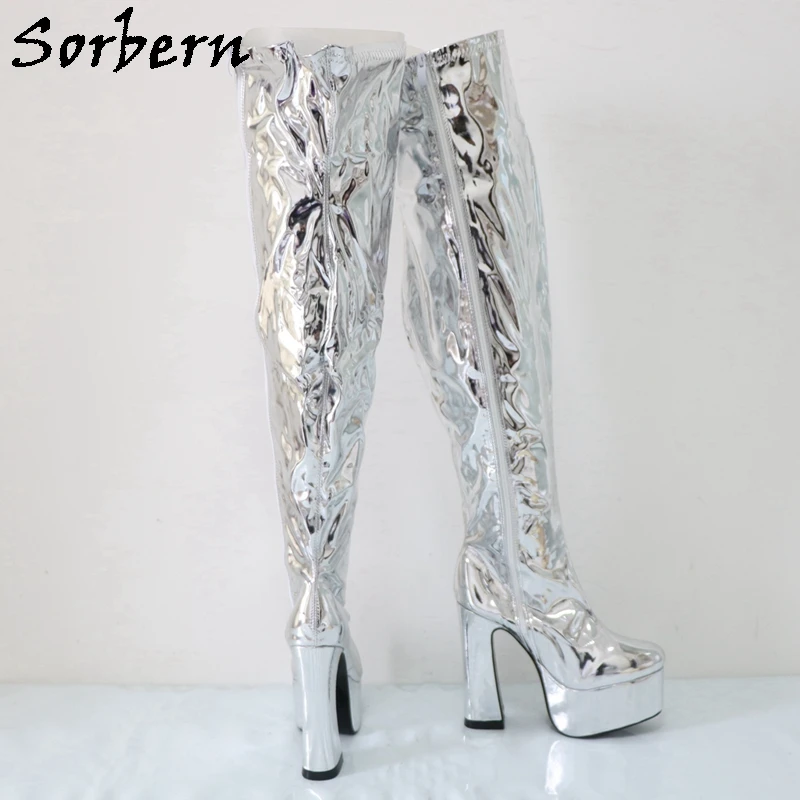 Sorbern Metallic Silver Over The Knee Boots For Women Block High Heel Platform Fetish Boots For Drag Queen Gaga Heels Custom