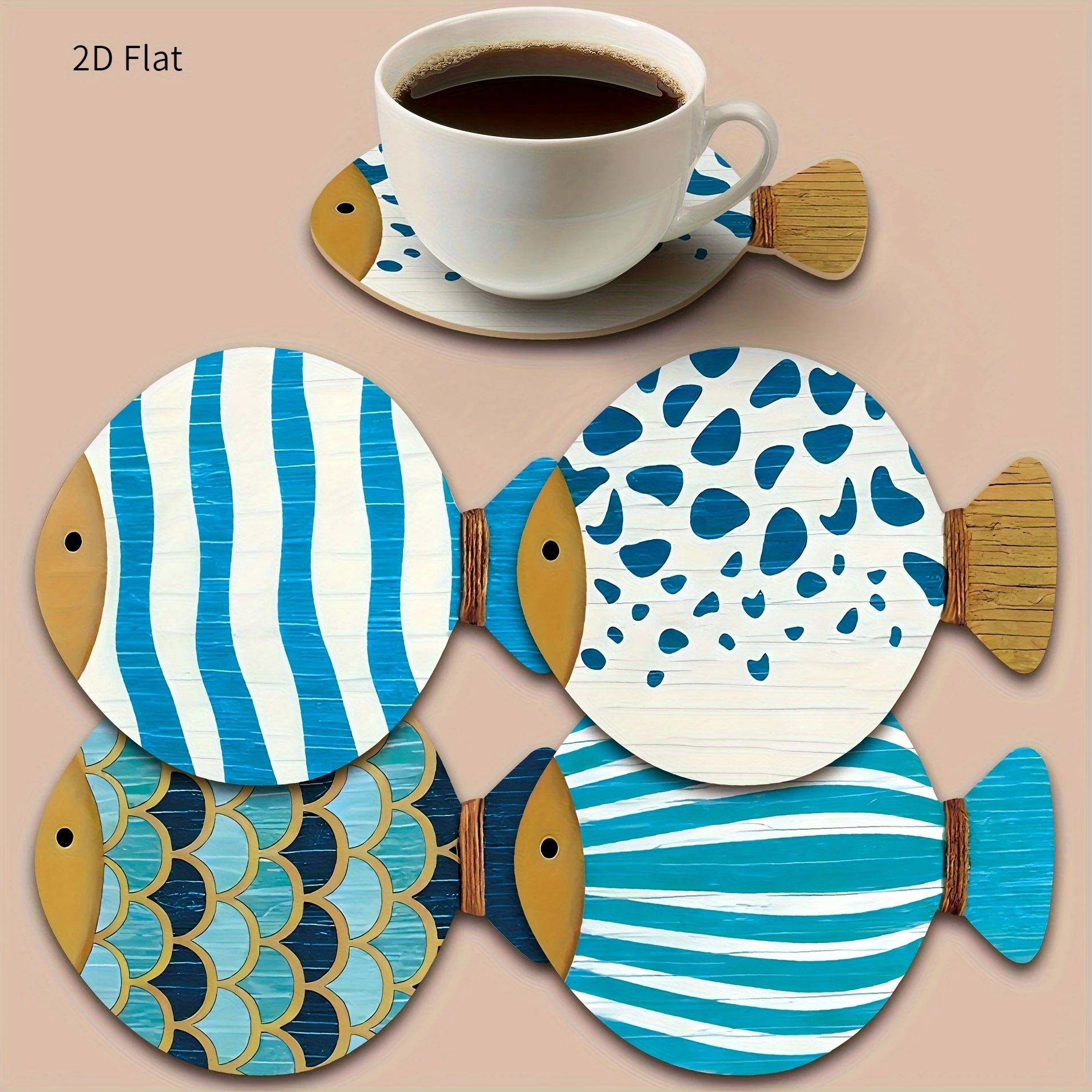 4/8pcs 2D 4in Artistic Cartoon Fish-Shaped Wooden Coaster Blue White Pattern Anti-slip Heat-resistant Home Coffee Shop Bar Gifts