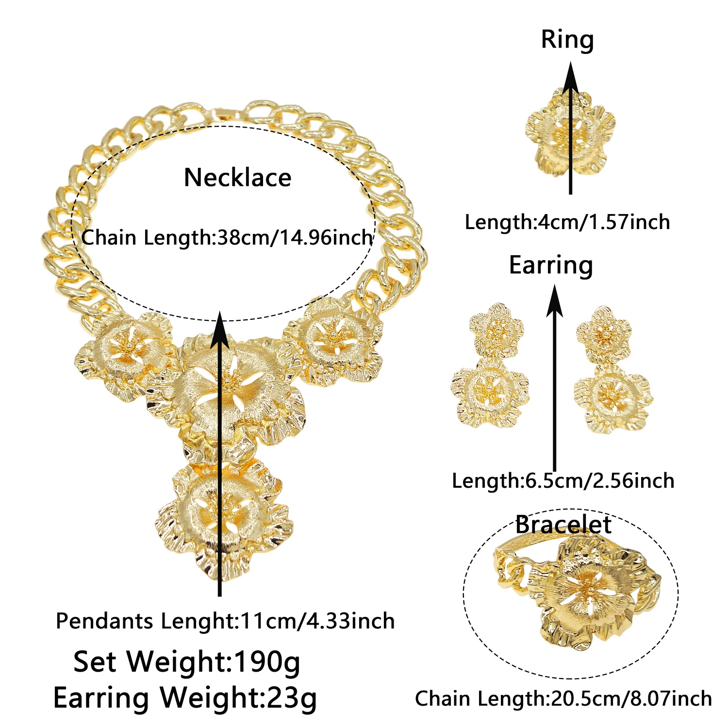 Necklace For Women Fashion New Cuban Chain Necklace Gold Flower Pendant Luxury Wedding Bijoux Gold Plated Earrings Ring SYHOL