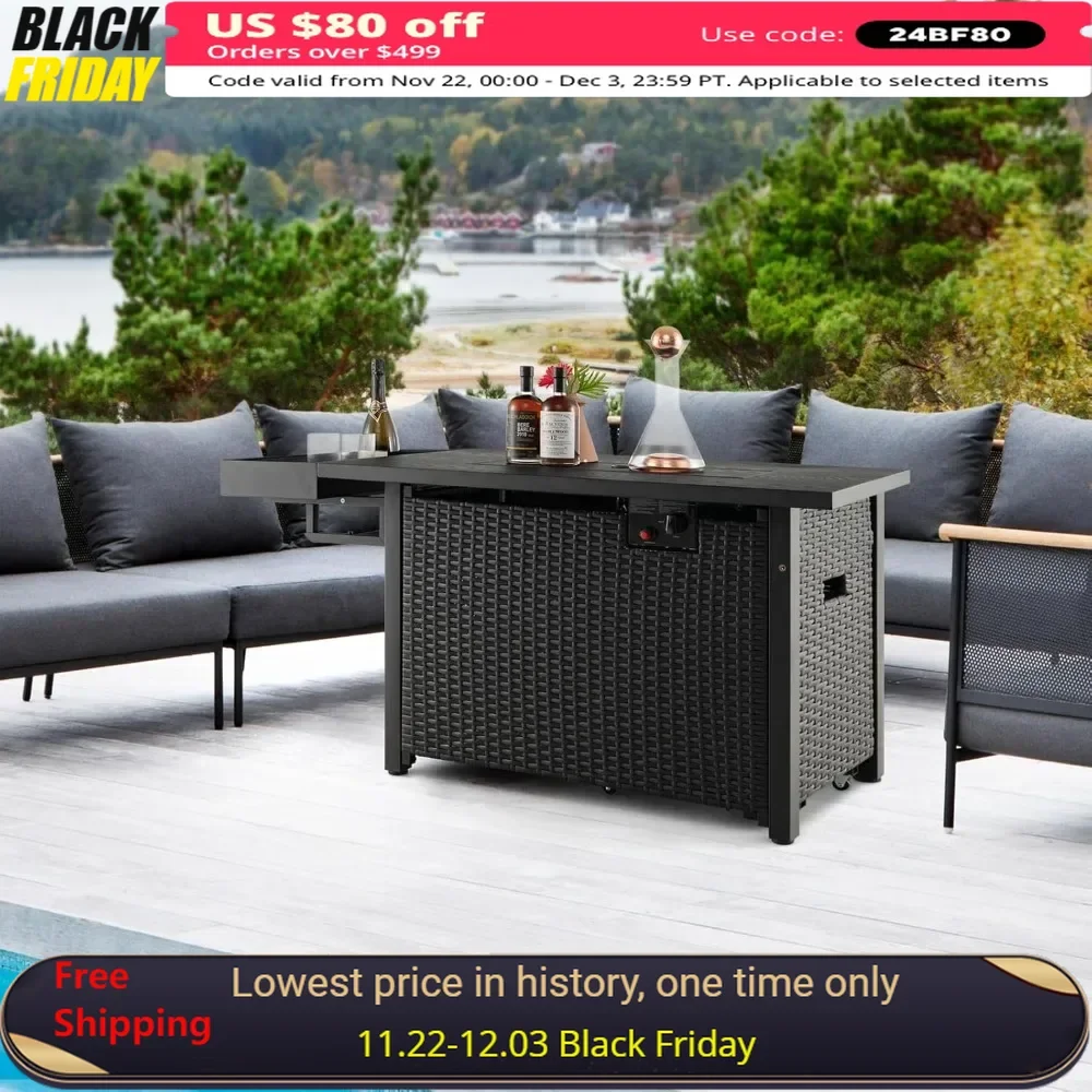 

52 Inch Propane Fire Pit Table with Wind Guard & Extended Shelf 50,000 BTU Heat Output with Waterproof Cover，Wicker Gas Fire Pit