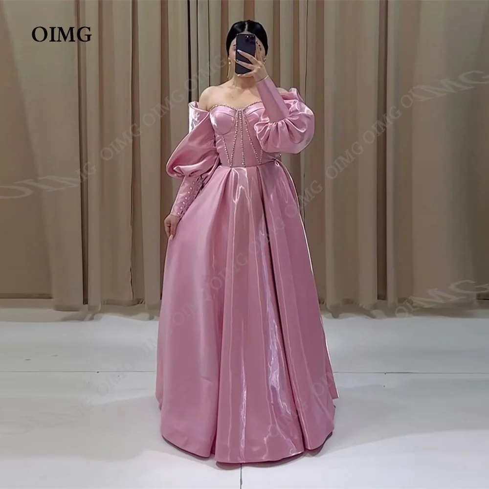 

OIMG Pink Long Prom Dresses Full Sleeves Beads Sweet A Line Women Formal Evening Gowns Dubai Gala Floor-Length Robe De Soirée