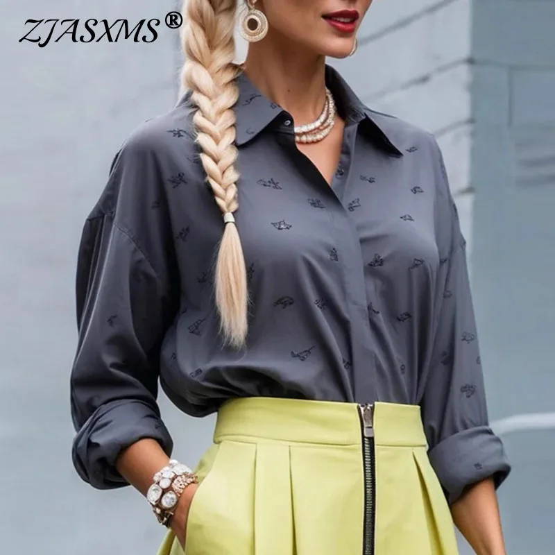 

Woman Clothing 2025 Spring Turn-down Collar Buttons Office Lady Top Sexy Pattern Print Long Sleeve Autumn Shirts & Blouses Mujer