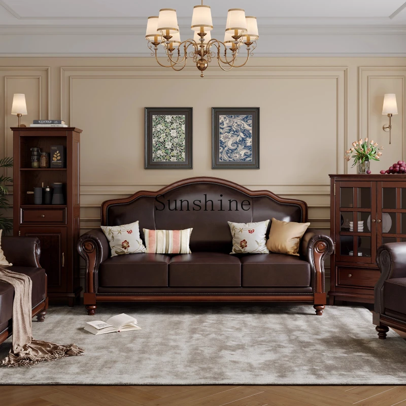 American all-solid wood classic three-person retro leather sofa family villa