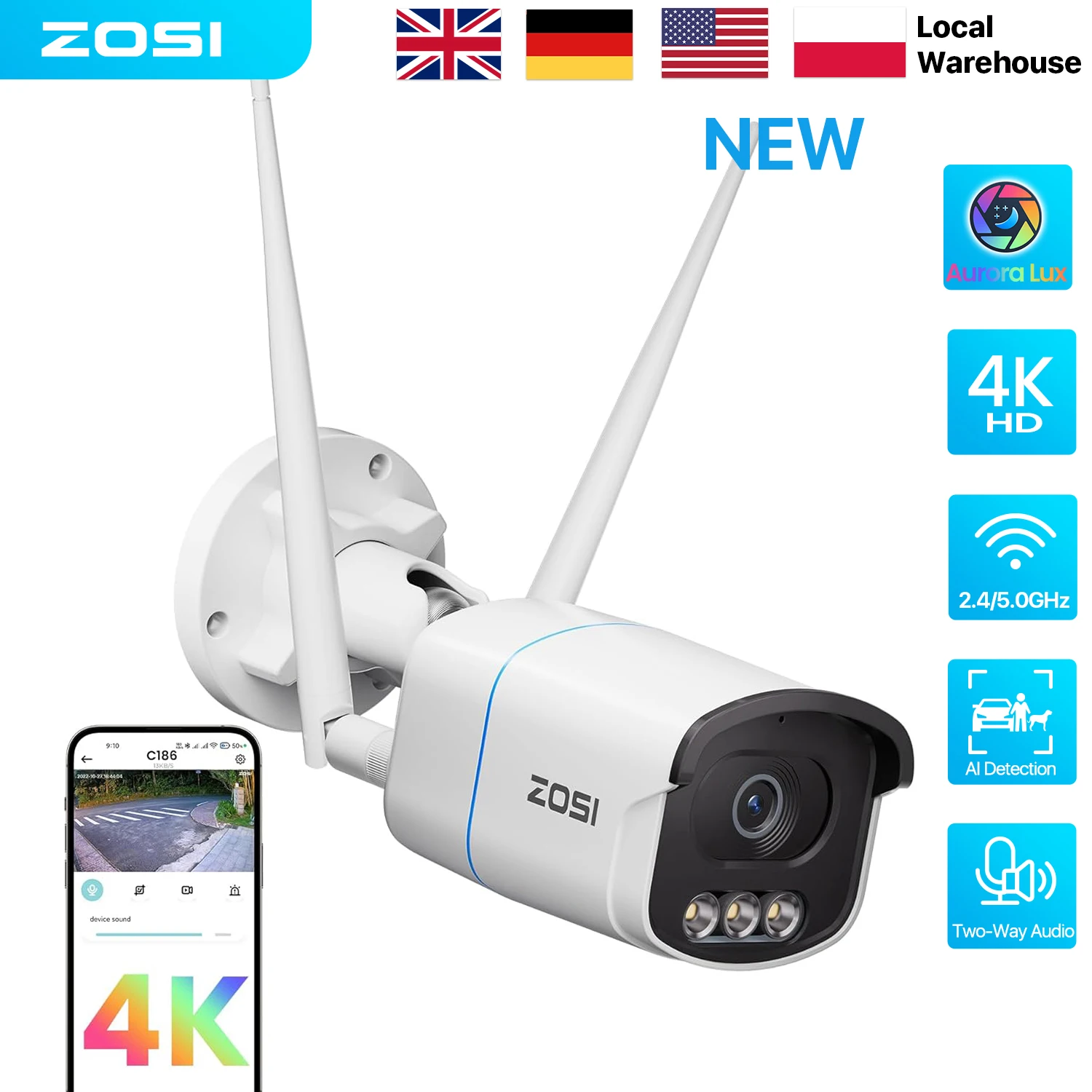 

ZOSI 8MP/5MP Aurora Lux WiFi Security Camera True Full Color Night AI Detection Outdoor 4K/3K HD CCTV Video Surveillance Camera