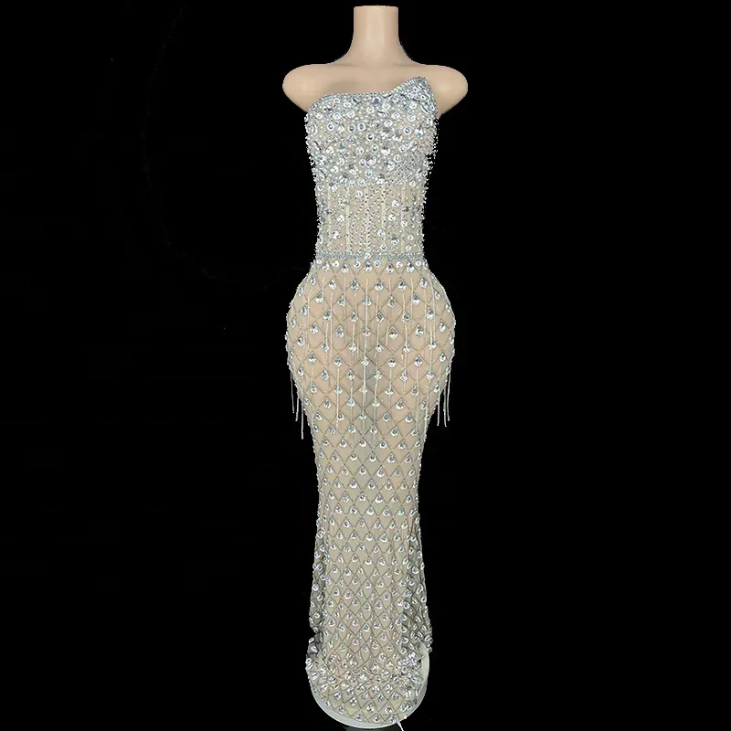 Rhinestone Customized Sexy Luxury Women's Clothing Wholesale Elegant Long Sleeveless Formal Evening Dresses