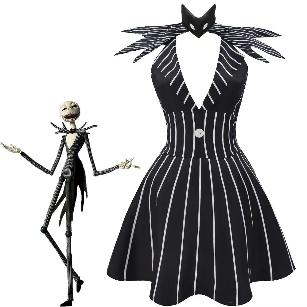 Woman Halloween Party Fancy Clothes The Nightmare Jack Skellington Cosplay Costume Halloween Outfit Black Stripe Dress