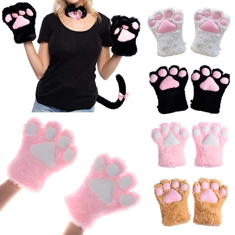 

1Pcs Plush Cat Paw Gloves Lovely Fluffy Bear Claw Fingerless Gloves Women Girls Winter Warmer Animal Paw Half Finger Mittens