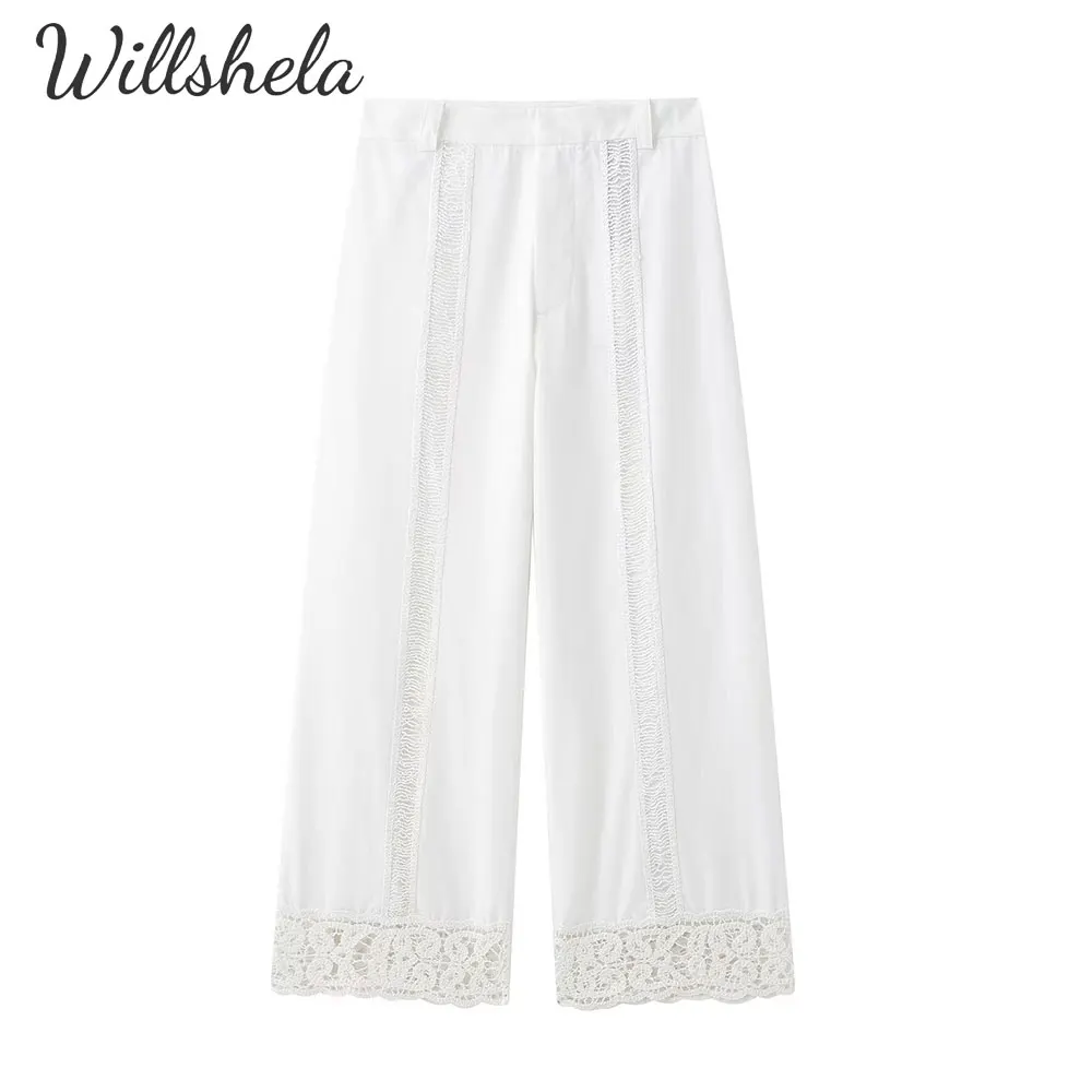 

Willshela Women Fashion White Crochet Straight Pant Female Chic Lady Casual Mujer Long Trousers