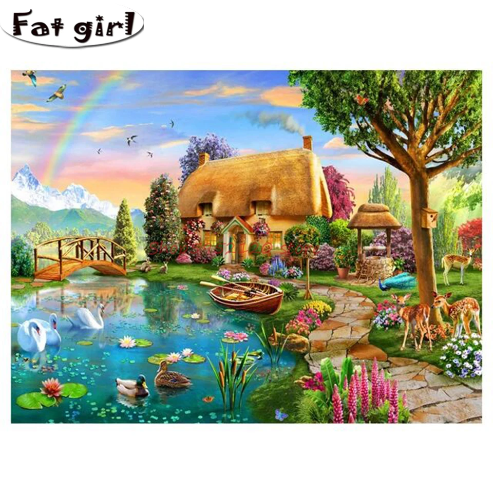 5D Diy Diamond Painting Jungle Hut Rainbow Various Animals Deer swan duck Cross Stitch Embroidery Mosaic Full Square Round Drill