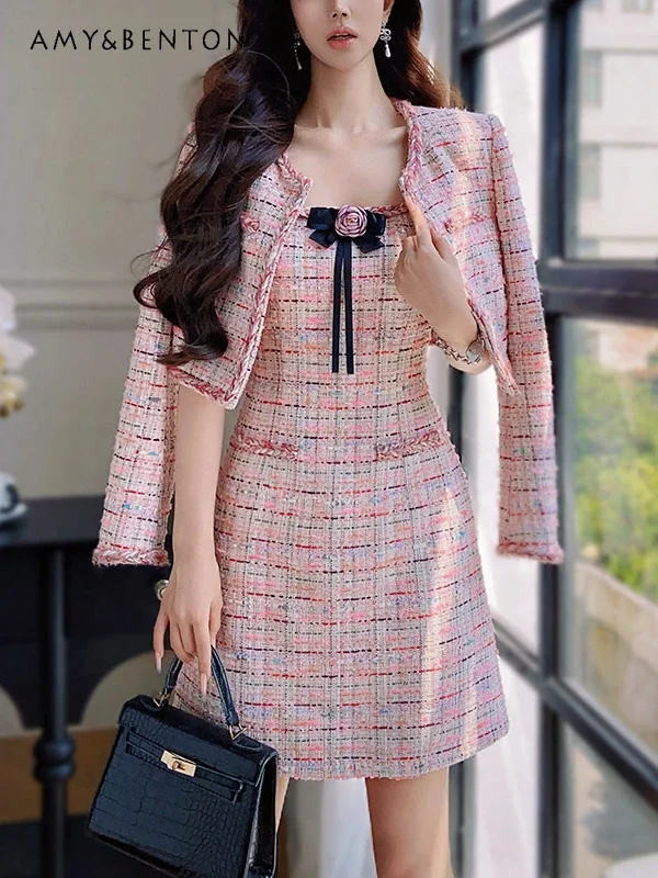 

French Temperament Socialite High-end Short Coat Vest Dress Two-piece Set Women Autumn New Commuter Style Graceful Dress Sets