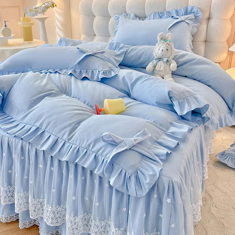 Korean Ins Princess Style Bed Skirt Bedding Set 4pcs Lace Ruffle Bowknot Soft Bed Skirt Duvet Cover Pillowcases