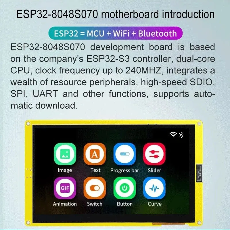 ESP32 7 Inch Smart Screen for Arduino LVGL Development Board HMI 8M PSRAM 16M Flash WiFi BT With Tutorial 800x480 Display LCD