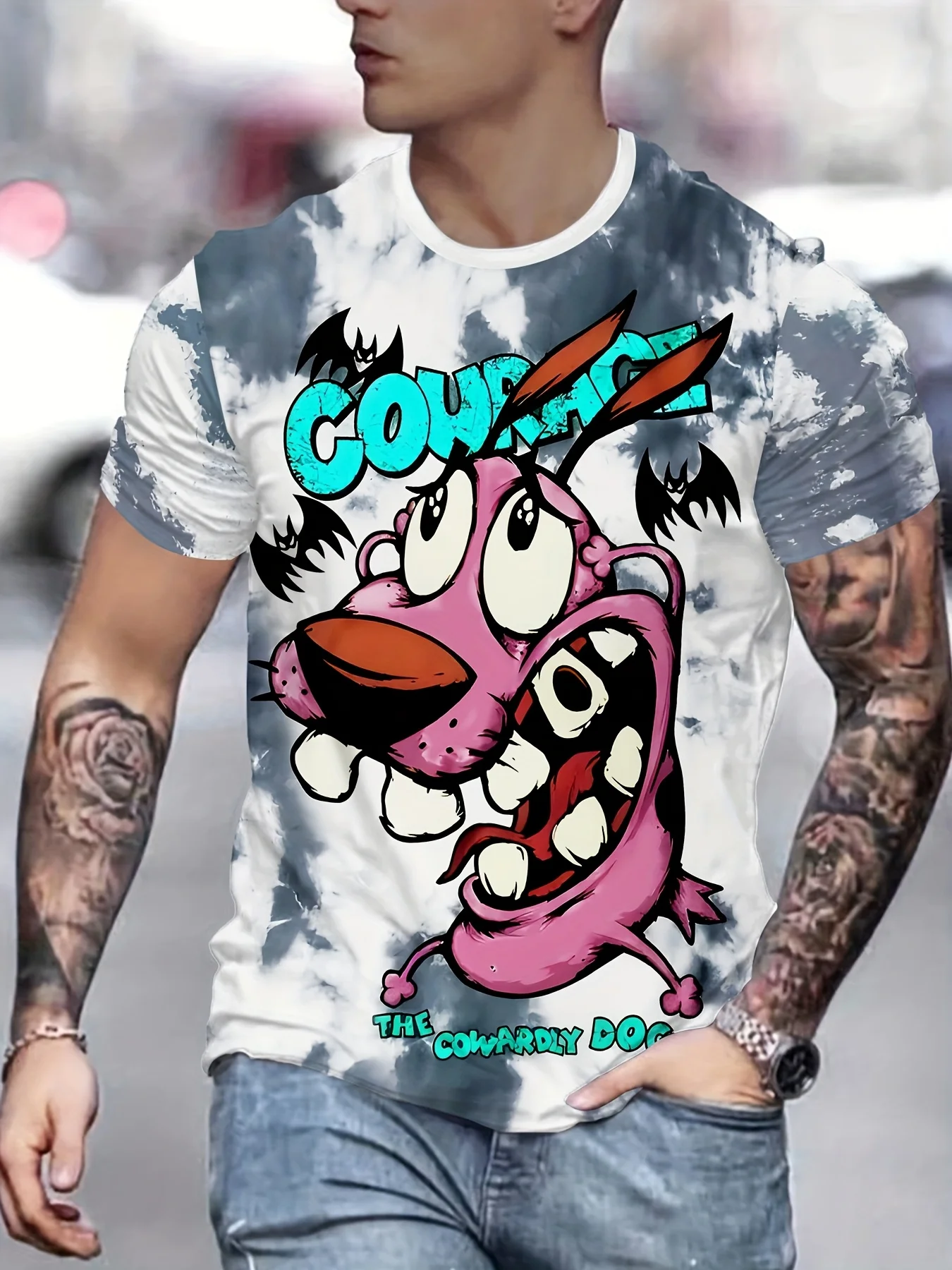 Camiseta con estampado de perro de dibujos animados en 3D para hombre, camiseta de poliéster lavable a máquina con cuello redondo, tejido de punto con patrón de perro cobarde