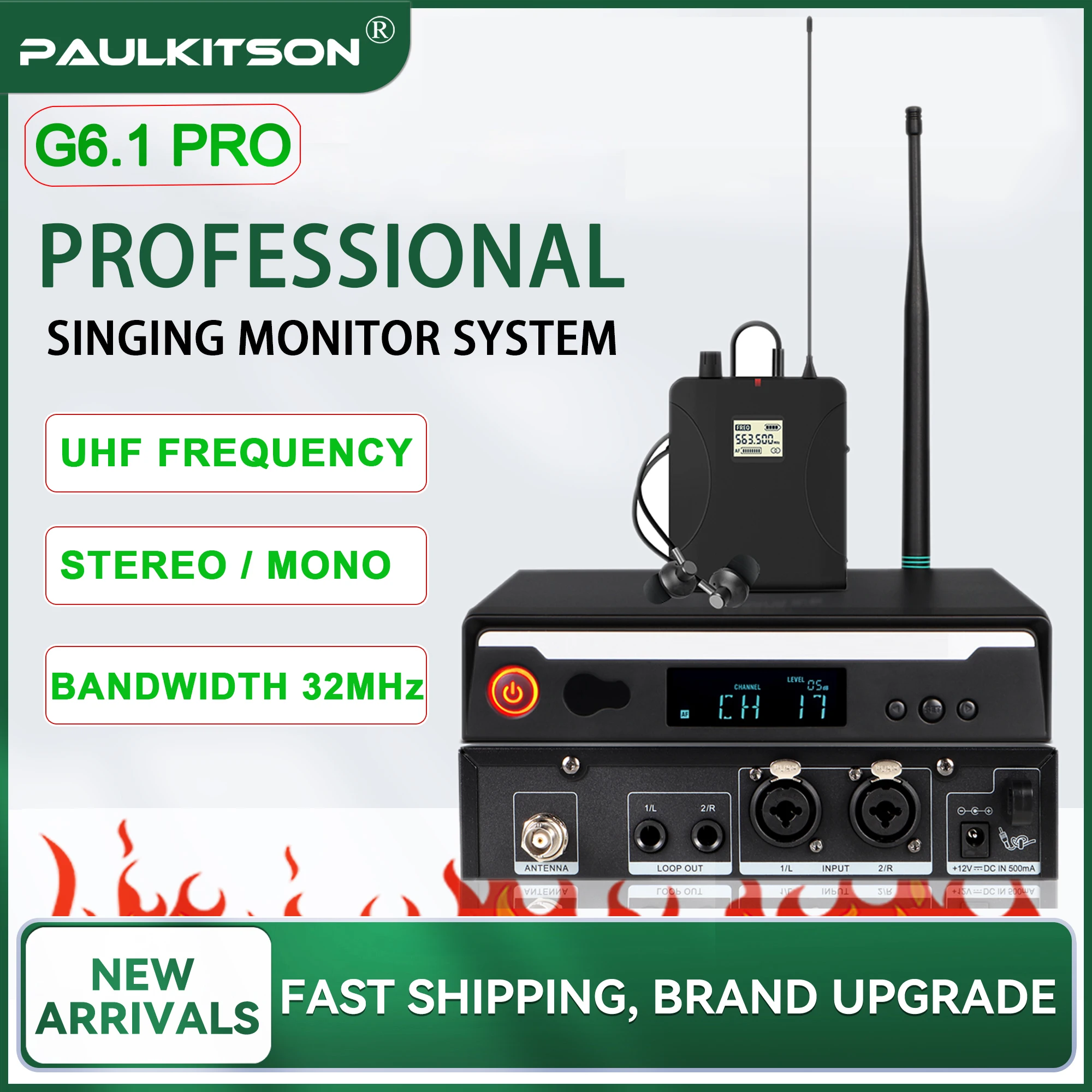 Paulkitson G6.1 PRO Wireless In‑Ear Monitoring System IEM Wireless Stage Return UHF Stereo Mono 32MHz Bandwidth for Singer Stage