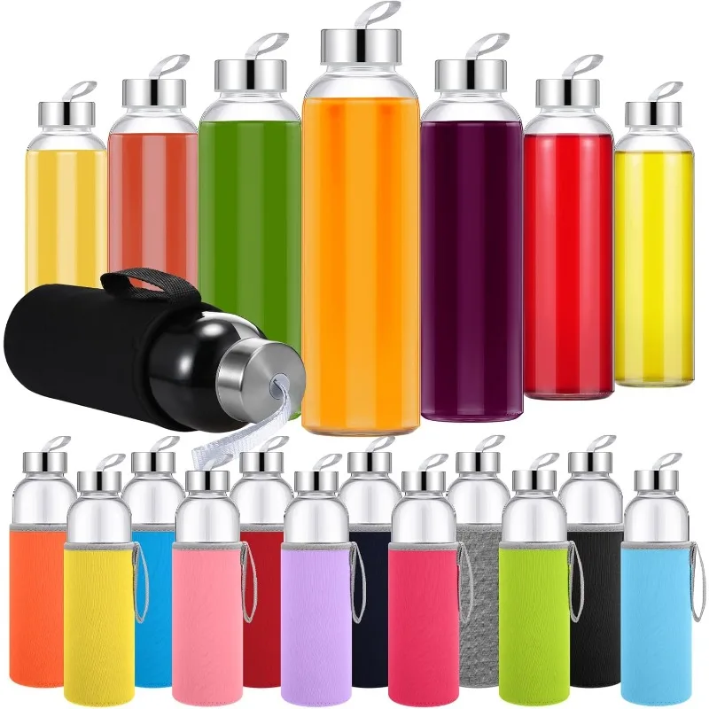 

12 Set 18 oz Clear Glass Water Bottles, Reusable Glass Juicing Bottles with Protection Sleeve and Stainless Steel Leak Proof