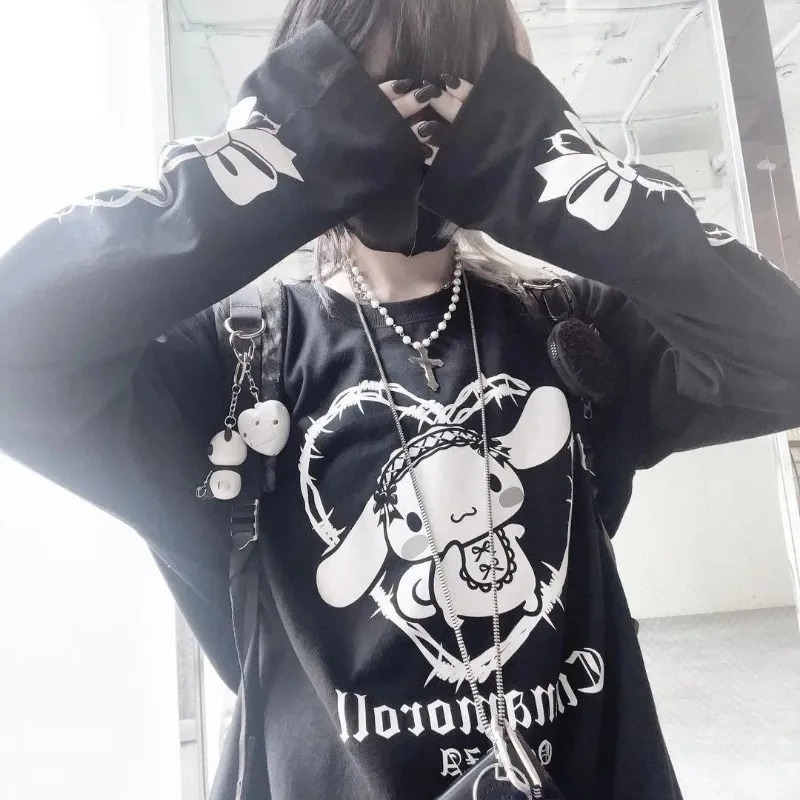 Damska koszulka z długim rękawem Sanrio Cinnamoroll, bawełniana bluzka z nadrukiem kokardki, jesienno-zimowa, modna, ciepła, luźna, z długimi rękawami.