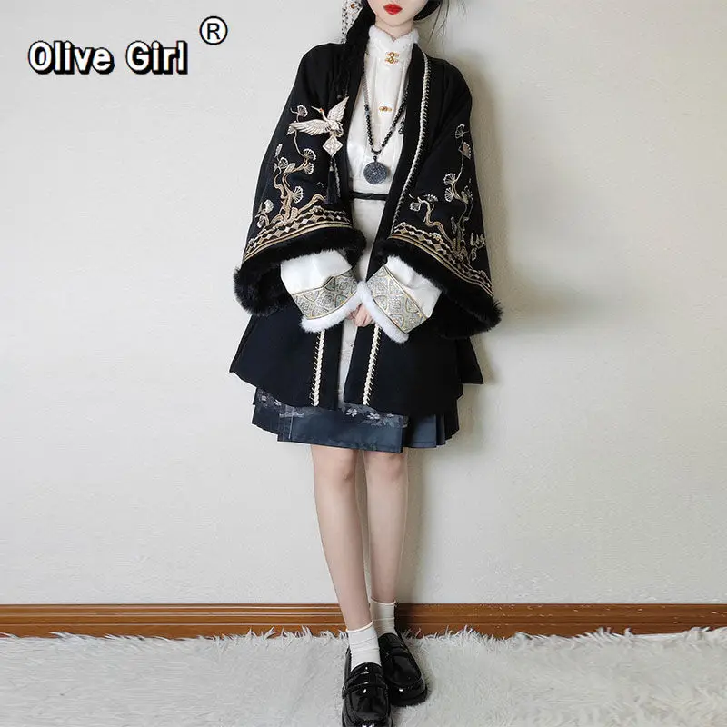 ensemble-de-robe-hanfu-grue-chemisier-jupe-visage-de-cheval-automne-hiver-peluche-quotidienne-broderie-epaisse-vetements-traditionnels-chinois-haut-de-gamme