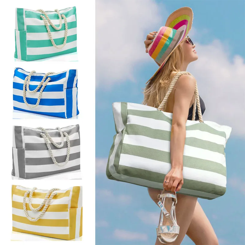 Striped zipper outer bag for outdoor travel and vacation, waterproof and sand resistant canvas, convenient folding beach bag-ll