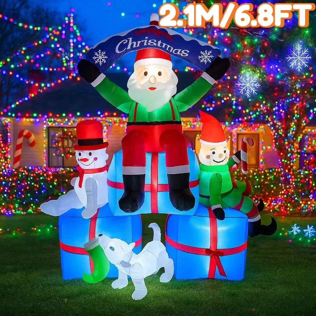 2,1 M/6,8 FT Aufblasbare Santa Claus Schneemann Elf Hund Geschenk Boxen Lichter LED Hause Dekorationen Spielzeug Hof Weihnachten Urlaub beleuchtung Dekor