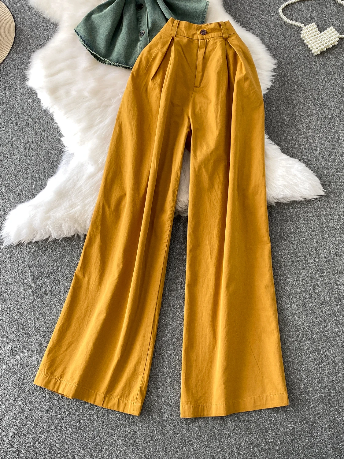 

Retro Hong Kong Sle oulder Pad Svel Collar Jaet High Waist Suit Jeans Wide Leg Pants Two Piece Set Women's F...
