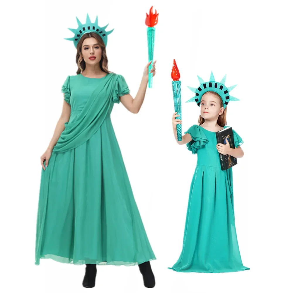 Trajes de Halloween para adultos e crianças, Estátua da Liberdade, Robe Grego, Fantasia Grown Torch, Cosplay com Headwear