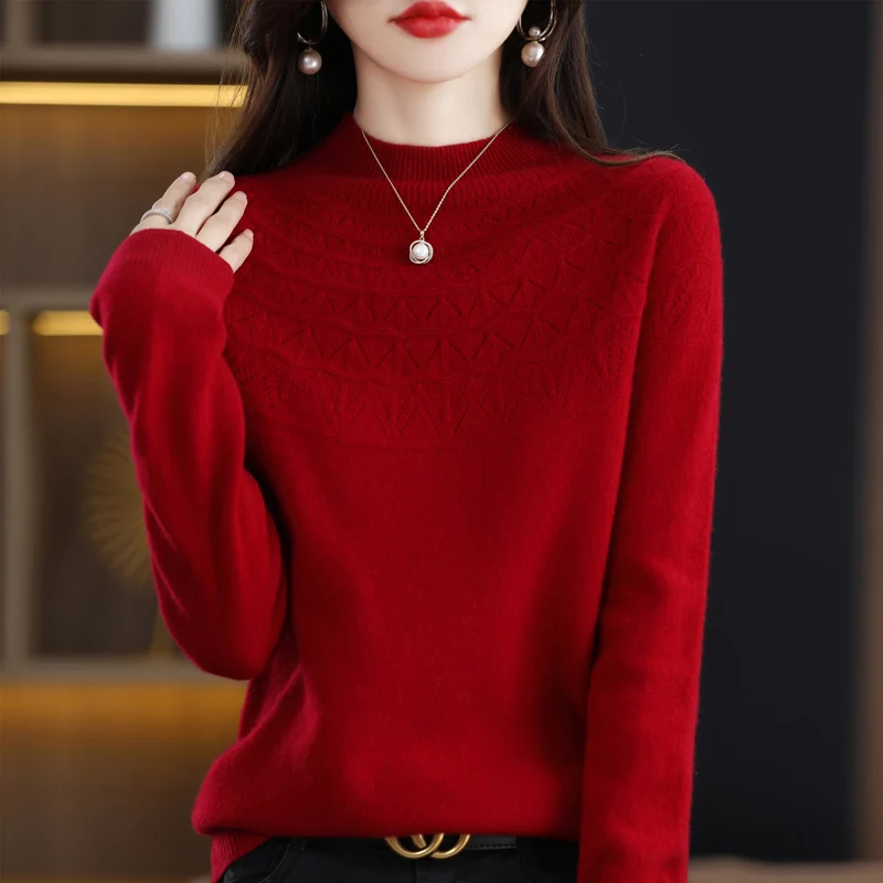 100% Cashmere Sweater Women's Half-Turtleneck Slim Seamless Wool Knitted Bottoming Shirt Hollow Loose In Autumn And Winter