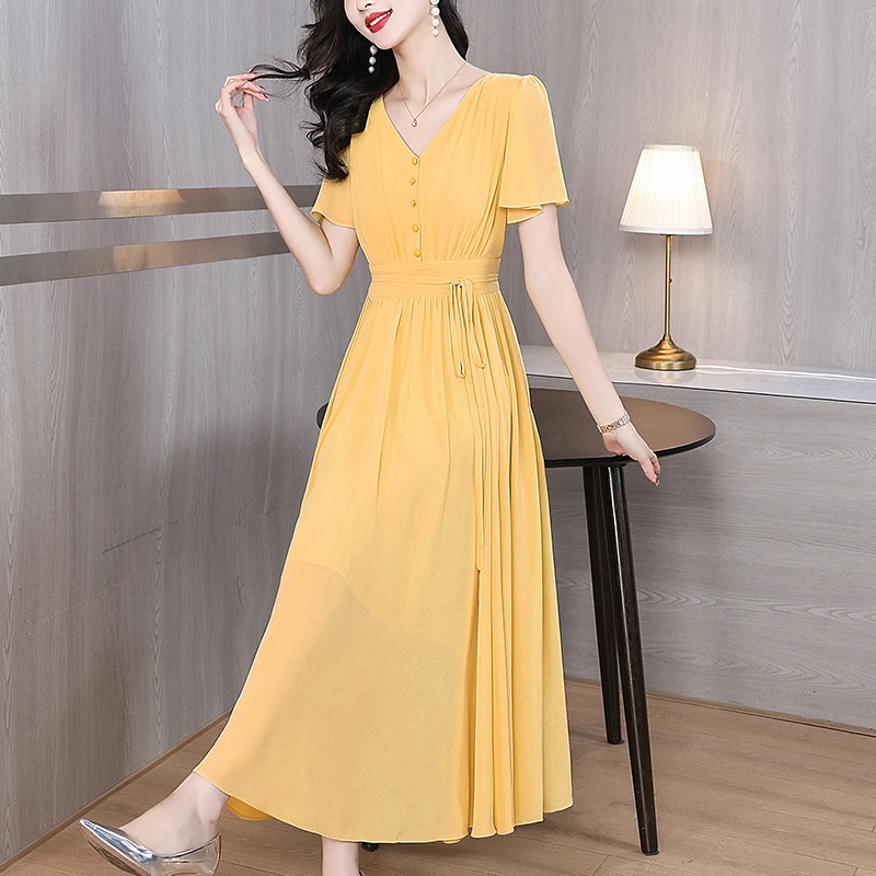 Women Beach Solid Chiffon Maxi Dress Summer Boho Fashion Elegant Chiffon Vintage Midi Vestidos 2025 Luxury Dance Party Dresses