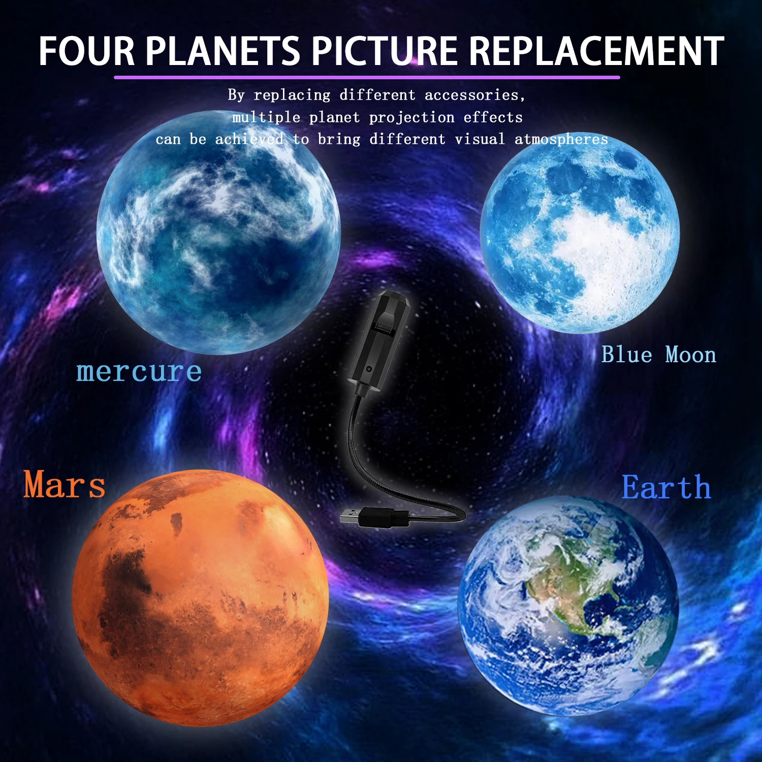 Planet projection lamp, 4 planet switching pattern design, USB night light, suitable for room wall ceiling atmosphere decoration