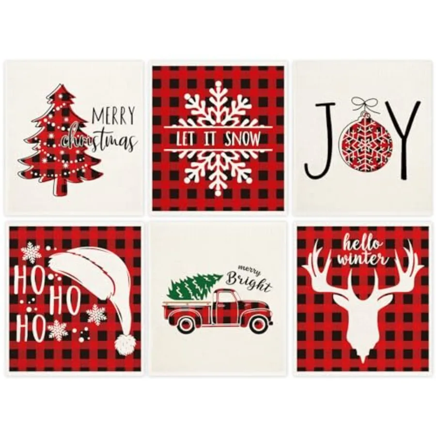 

6Pcs Christmas Swedish Dishcloths Red Buffalo Plaid Xmas Dish Towels Xmas Tree Snowflake Joy Reusable Absorbent Washable Cotton