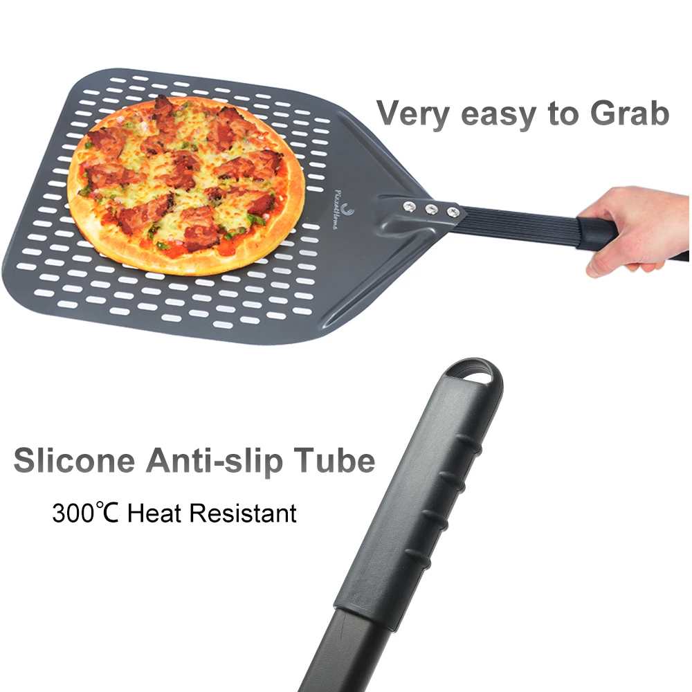 12" Hard Anodized Perforated Pizza Peel Rectangle Pizza Turning Shovel Set Aluminum Pizza Peel Paddle 40cm Long Silicone Handle