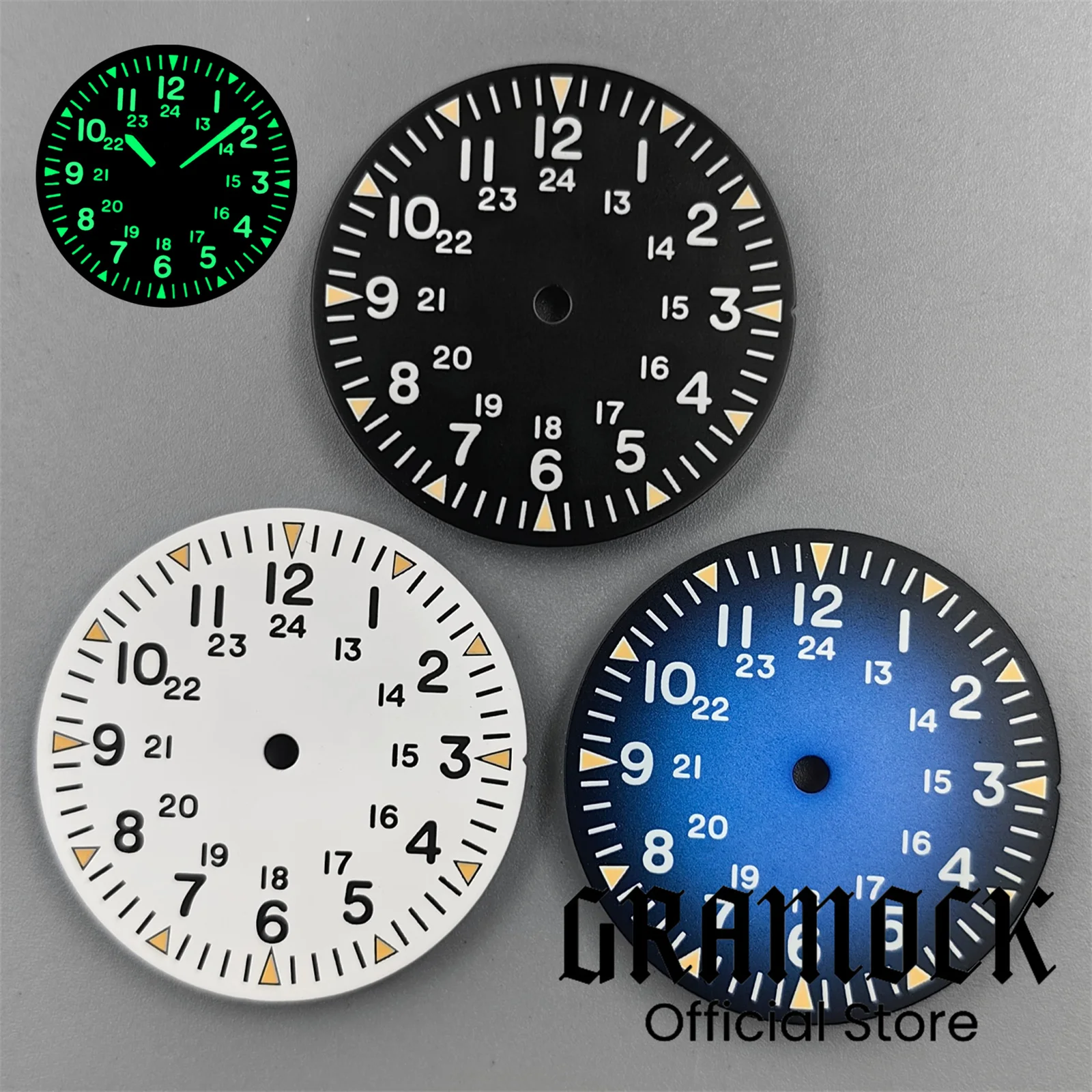 

Циферблат для часов Pilot без логотипа, 29 мм, с градиентными стрелками, зеленым люминесцентным покрытием, совместим с NH35, NH36, ETA2824, PT5000, ST2130, запчасти для дайверских и полевых часов