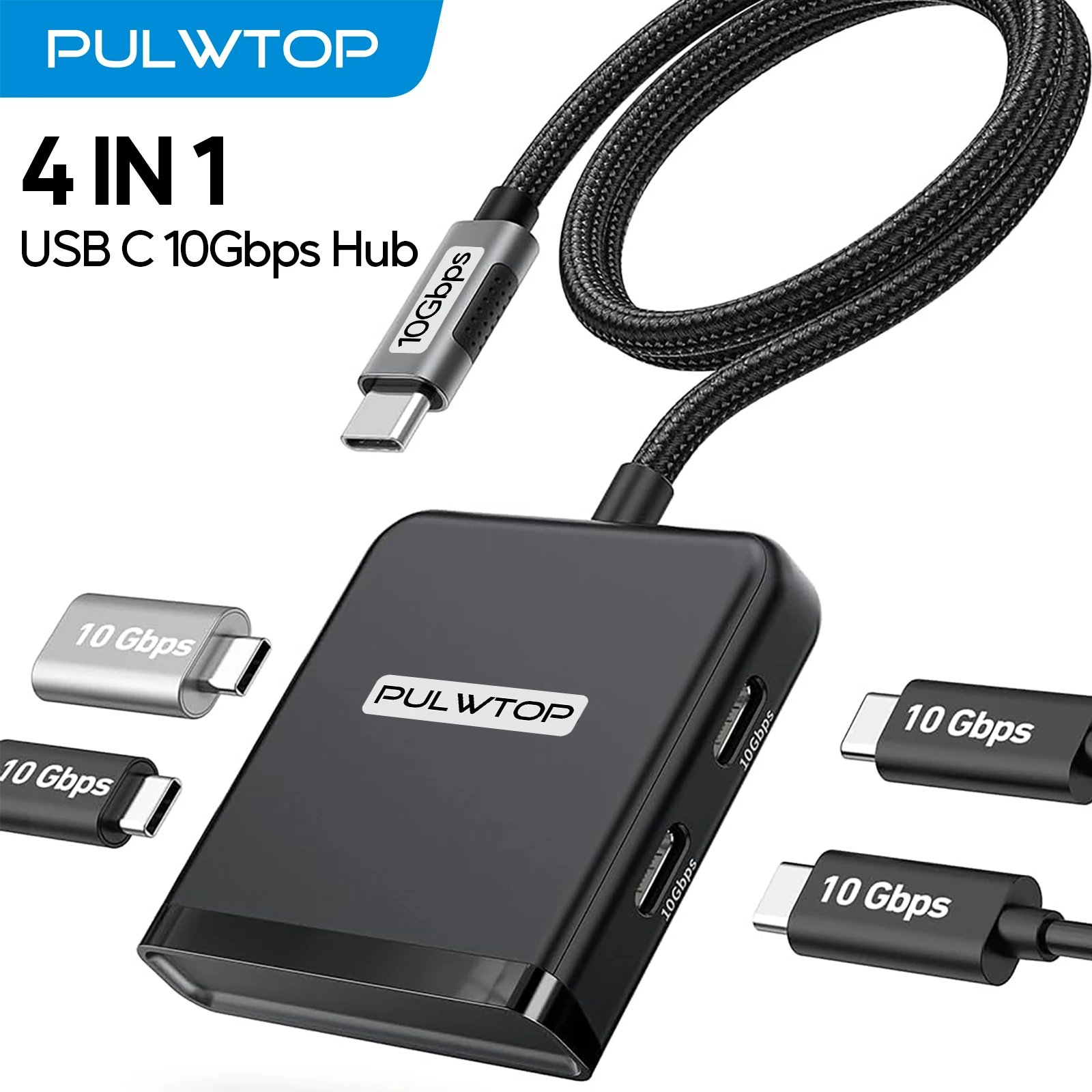 

PULWTOP 4-Port USB C Hub, 10Gbps Data Transfer, Multiport Adapter for MacBook Pro, Chromebook, iMac, XPS, Type-C Laptops.