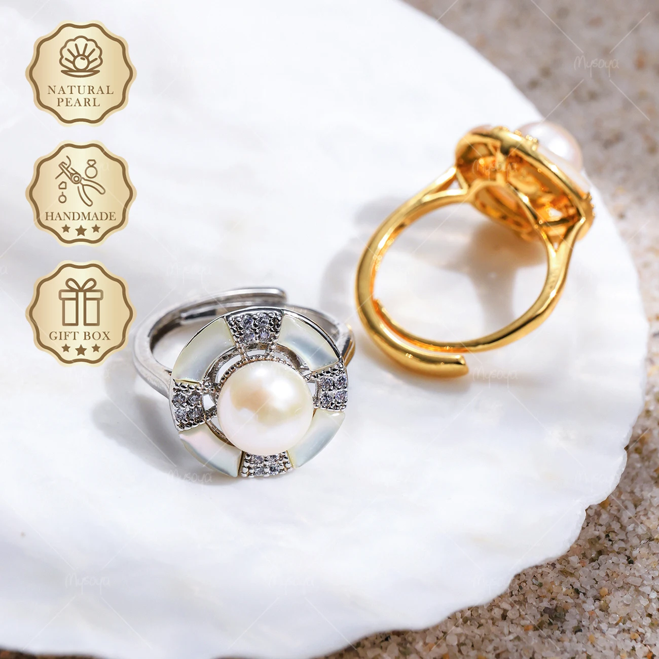 

MYSOYA 8-9mm White Shell Pearl Ring Gold/Silver Ring, Gift Box, Birthday & Mother's Day Jewelry S437