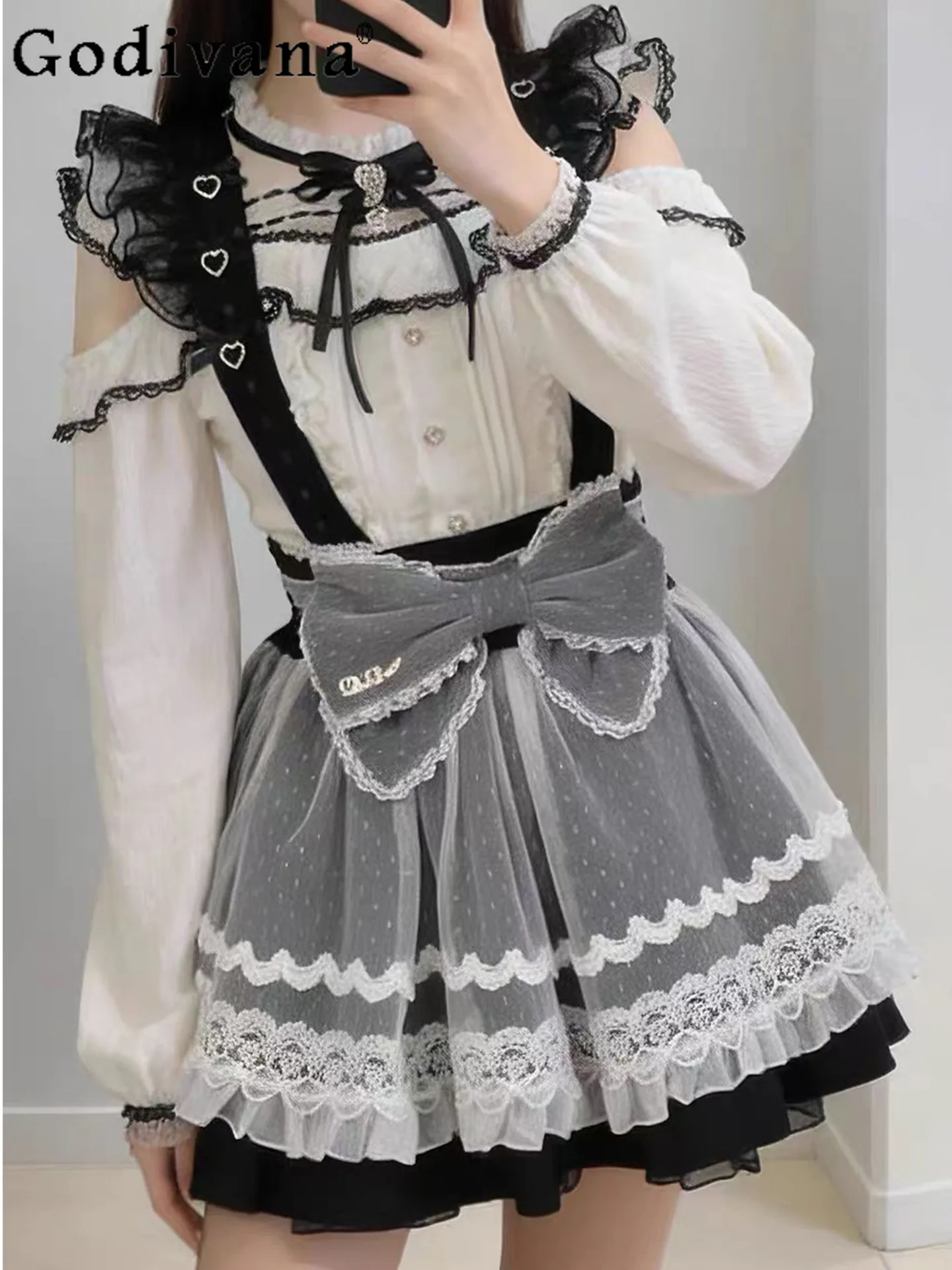 

Japanese Style Sweet and Cute Mesh Strap Skirt Maid Lace Big Bow Skirt 2026 New Doll Versatile Lolita Girl Cake Skirt