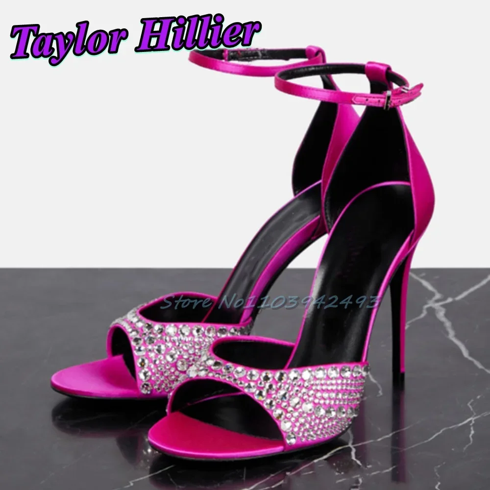 

Rose Red Rhinestones Heeled Sandals Open Toe Heels High Heel Ankle Buckle Strap Shoes Women Shallow Shoes Designer Sandalias
