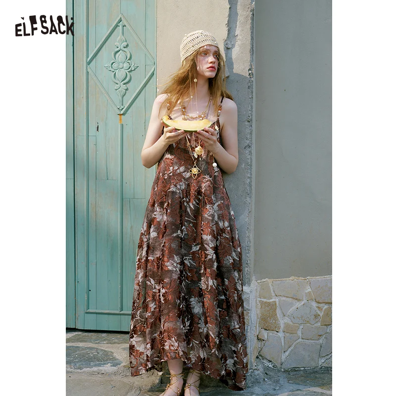 ELFSACK Women's Vintage Maxi Cami Dress with Leaf Print, Loose Retro Adjustable Beaded Strap Irregular Hem Dress for Vacation