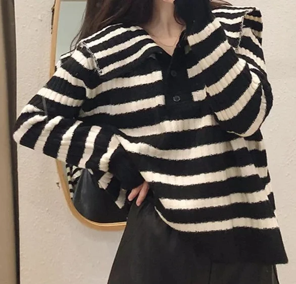 

Loose Women's Knitted Sweater Autumn Winter New Style Outerwear Striped Top Large Collar Coat