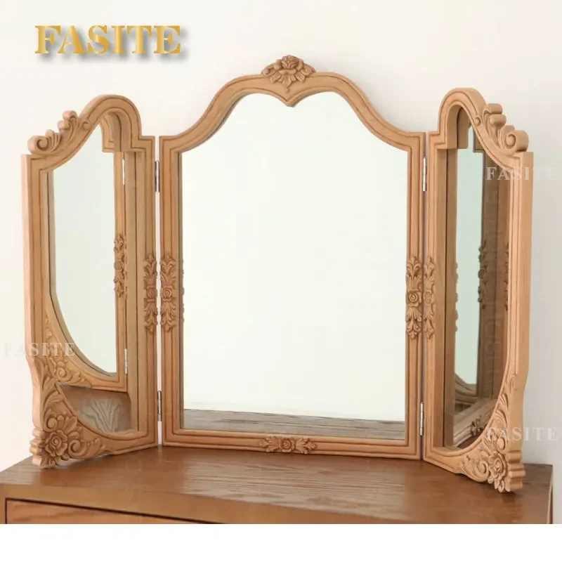 For French Retro Three-Sided Carved Makeup Mirror Household Folding Dressing Mirror Living Room Decorative Vanity with Stand