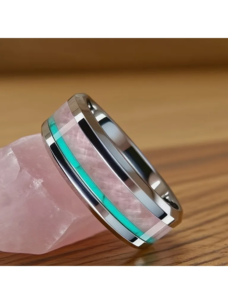 Groothandel 8MM Bohemen Stijl Vrouwen Roestvrij Stalen Ringen voor Mannen Unieke ROSE QUARTZ Inlay Gepolijst Wedding Band Sieraden Festival - afbeelding 2