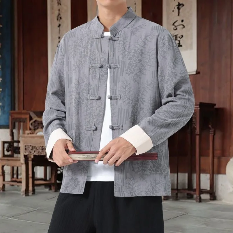 Casual Cotton Jacket Men's Youth Ethnic Style Dark Flower Print Long Sleeve Breathable Summer Shirt Traditional Chinese Coat
