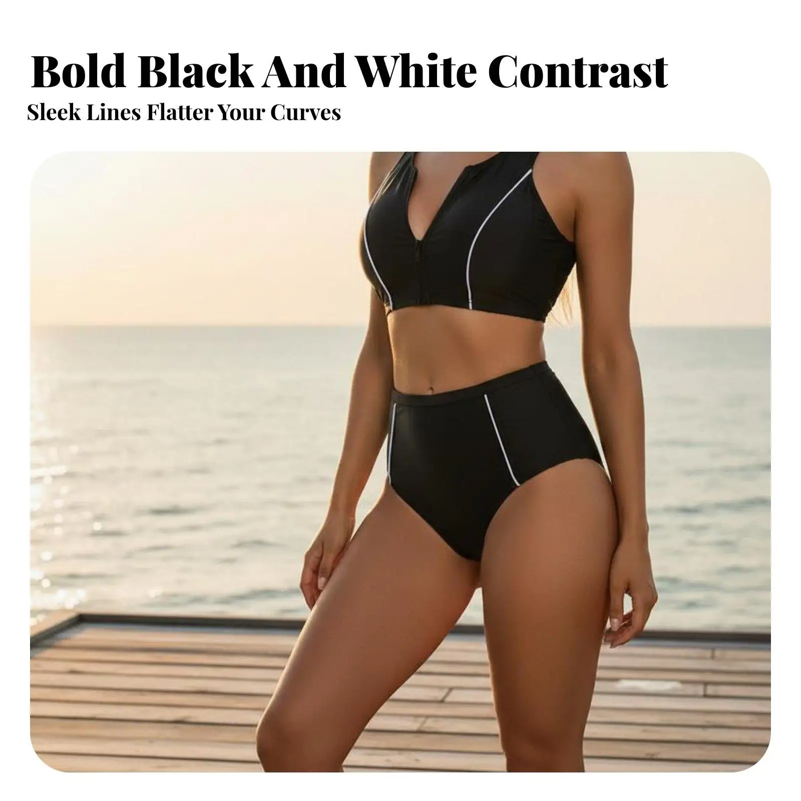Black Bikini Set for Women High Waist Tummy Control Sport Two Piece Swimsuit Racerback Zipper Quick Dry Athletic Beachwear