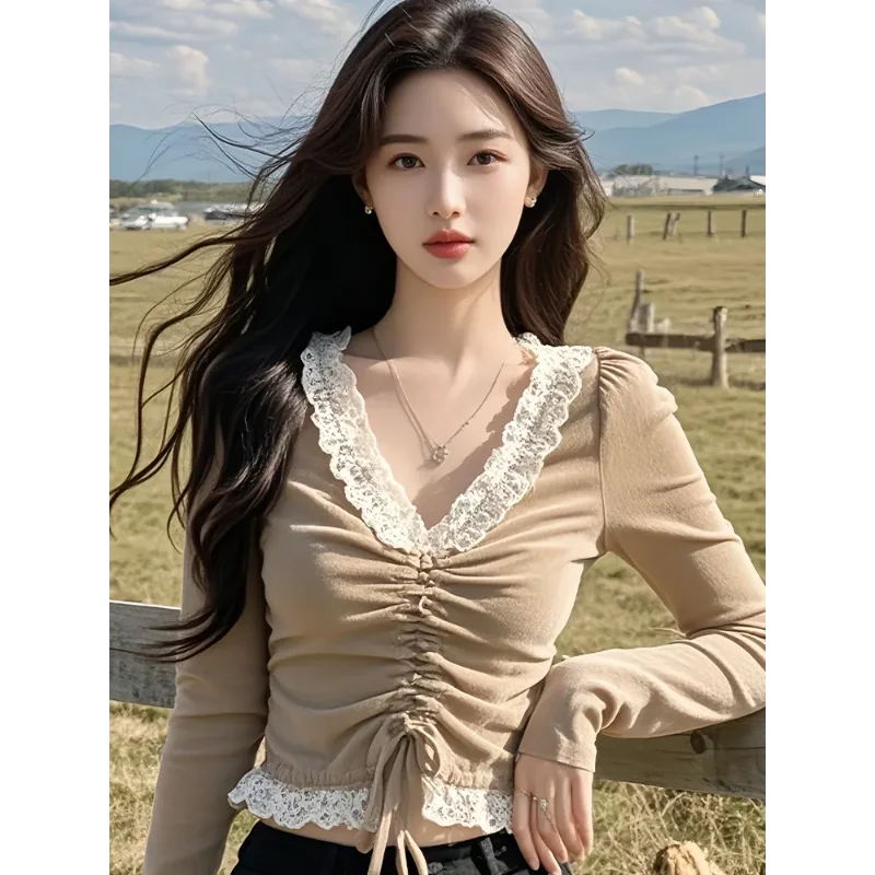 Spitze Spleißen V-ausschnitt Bodenbildung Shirt für Frauen Neue Herbst Winter Innere Lange ärmeln Kurze Einzigartige Chic Top