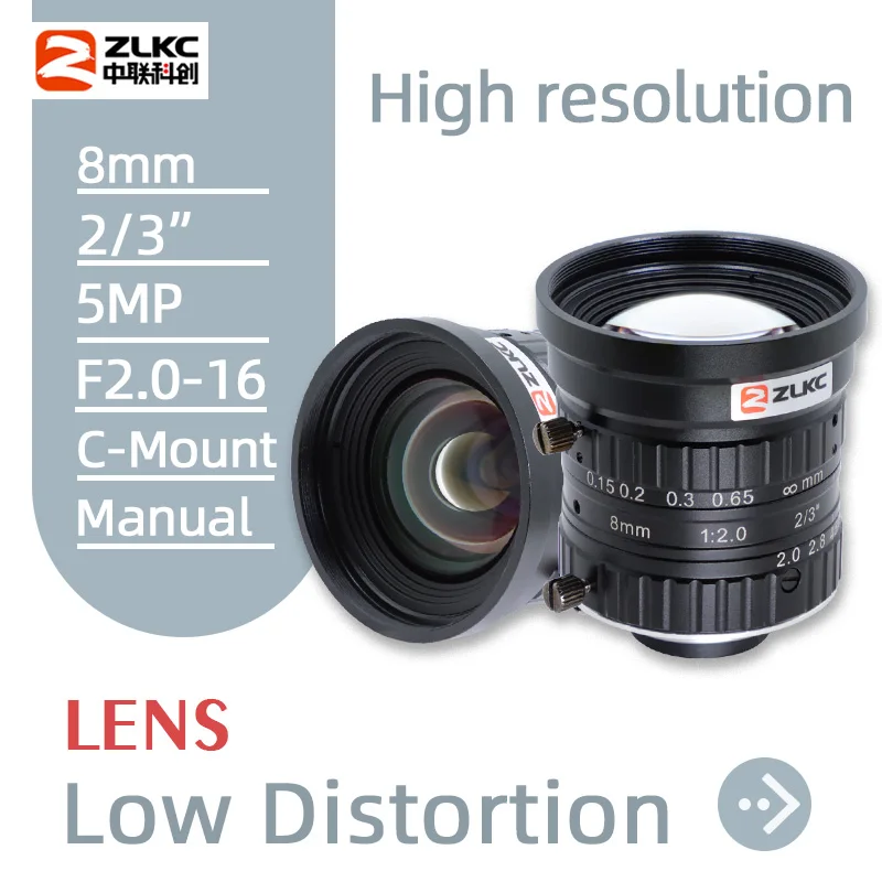 ZLKC 8mm lens 2/3 inch F2.0 C-Mount fa lens big iris 5Mega pixels camera machine vision low distortion lens wide-angle