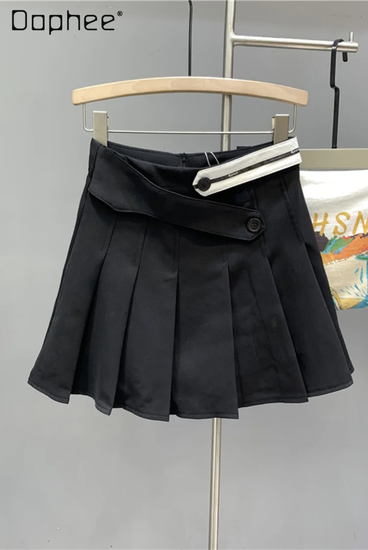 Preppy Style Pleated Short Skirt Women Korean Style Button A Line High Waist Suit Skirt Zipper Back 2024 Summer Student