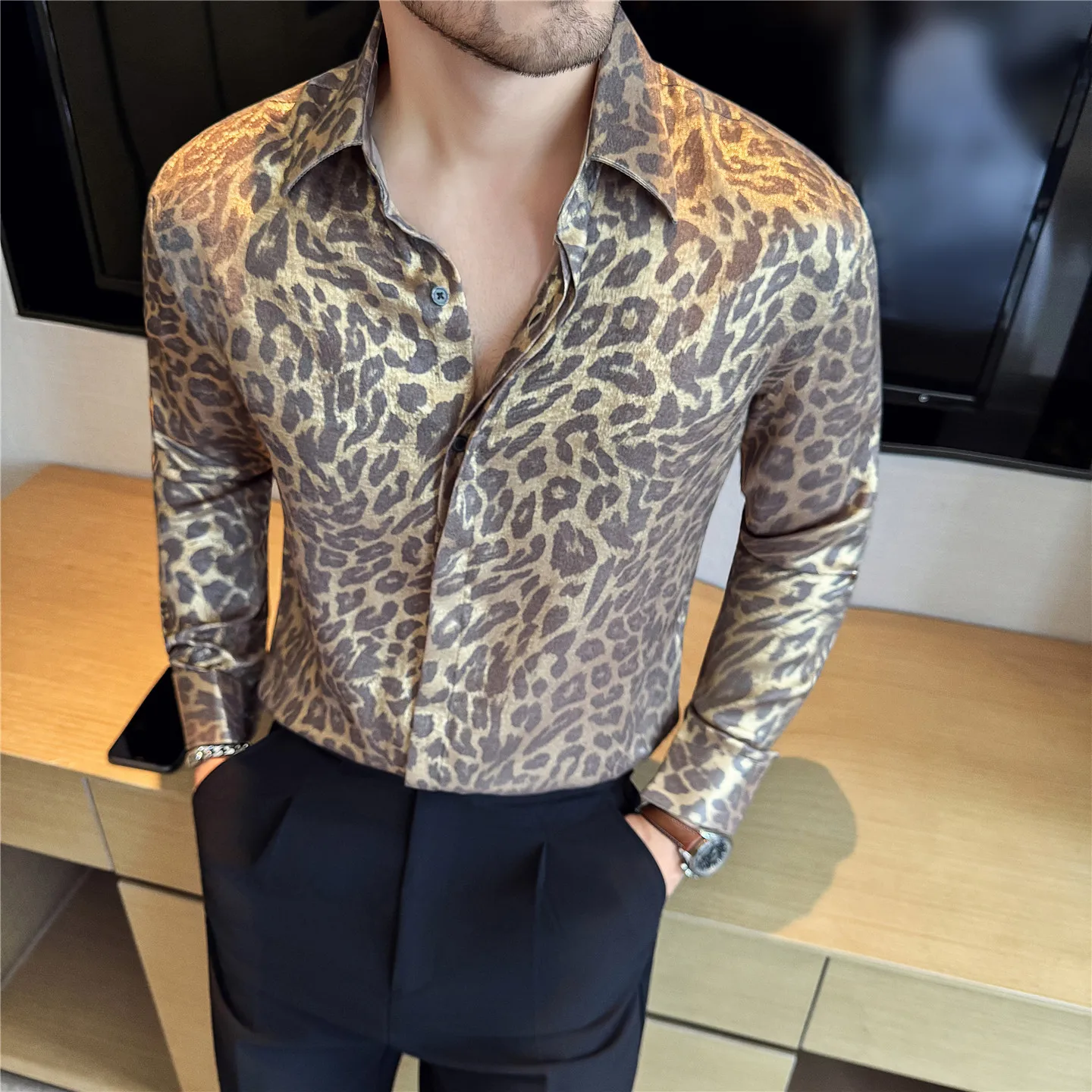 Luxury Gold Leopard Print Shirt Men Autumn 2025 High-quality Long Sleeved Casual Business Shirt Social Banquet Party Costumes