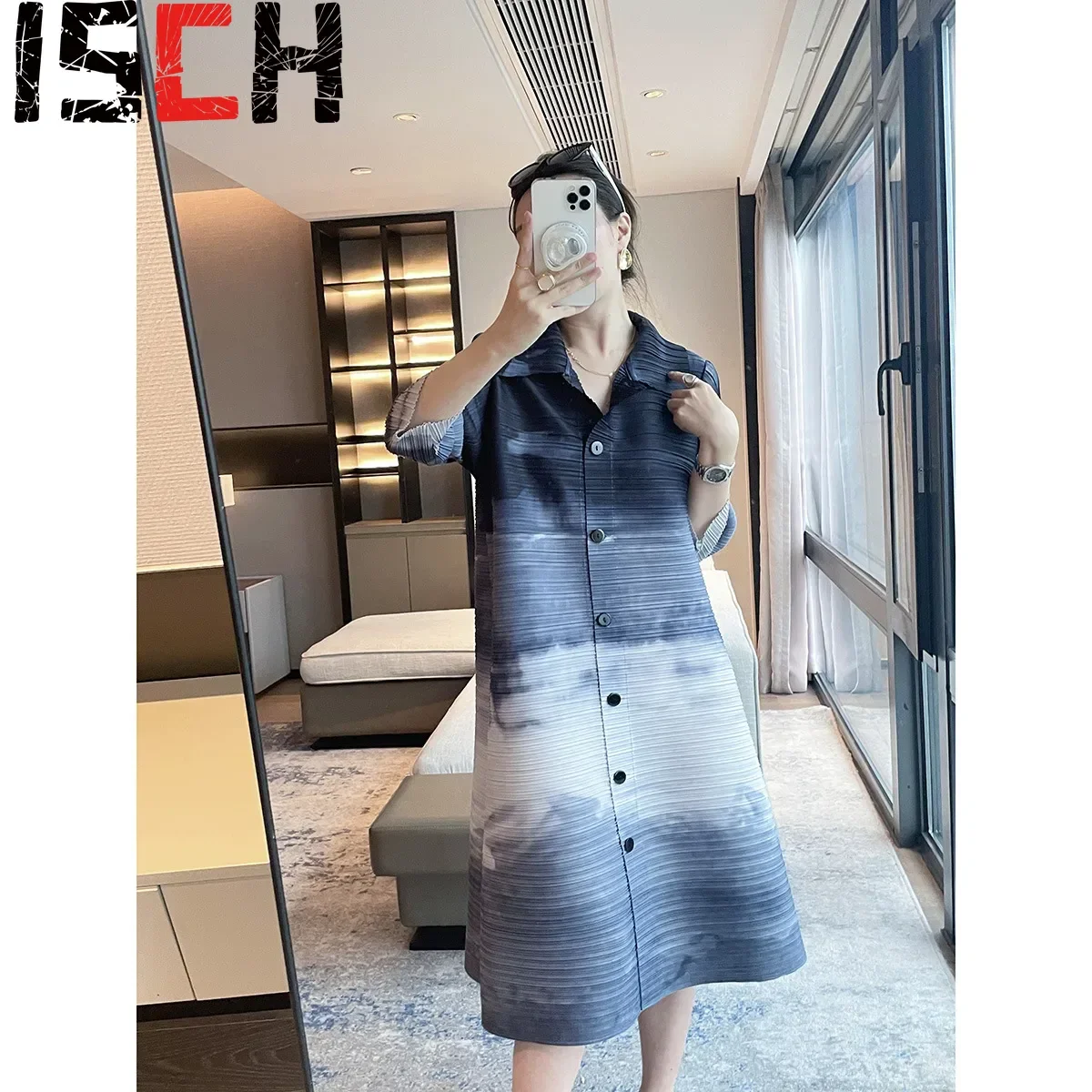 

Pleats Pleated Dresses2024 Spring and Summer New Pleats Fashion Printing Cardigan Lapel Dress Women Loose Thin Temperament Skirt